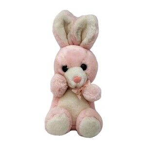 Vtg Cuddle Wit Easter Pink Bunny Rabbit Stuffed Plush 11" White Belly Pink Bow